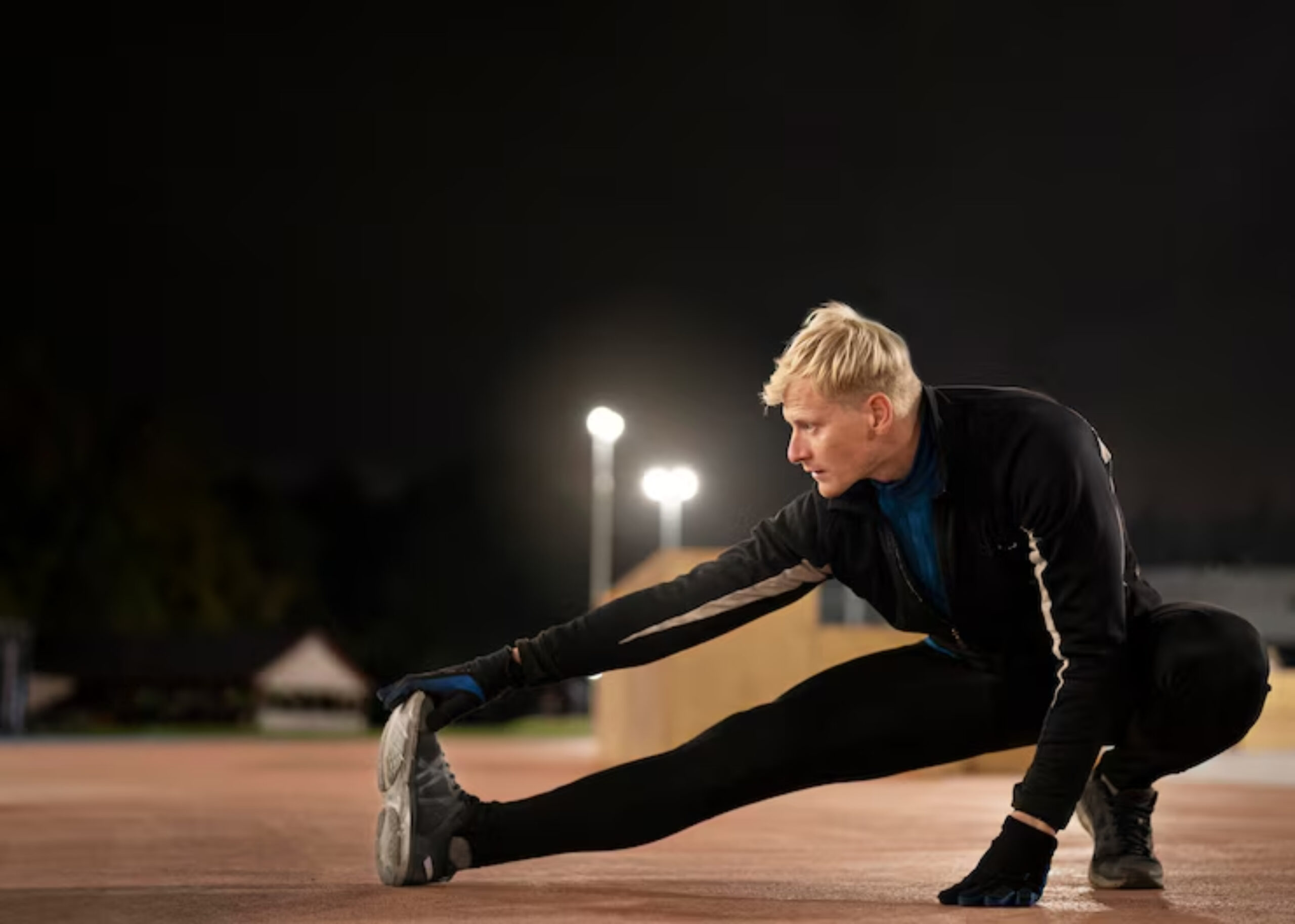 A person in athletic wear stretches on an outdoor track at night, illuminated by nearby lights.