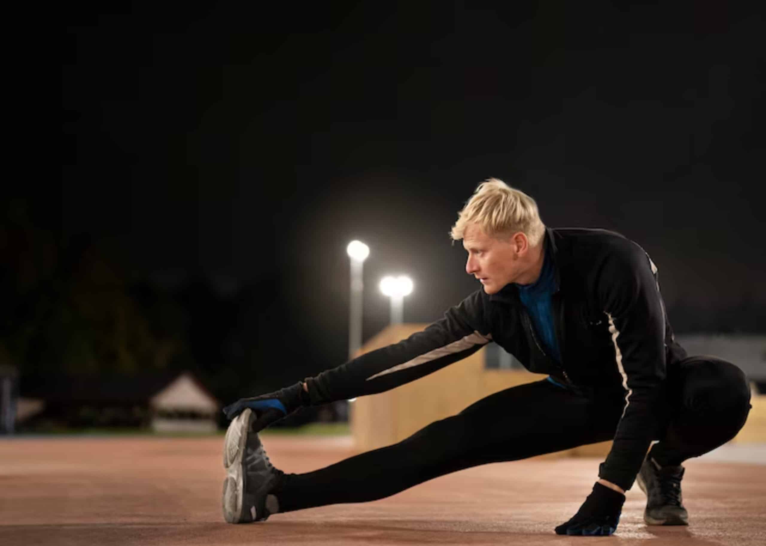 A person in athletic wear stretches on an outdoor track at night, illuminated by nearby lights.