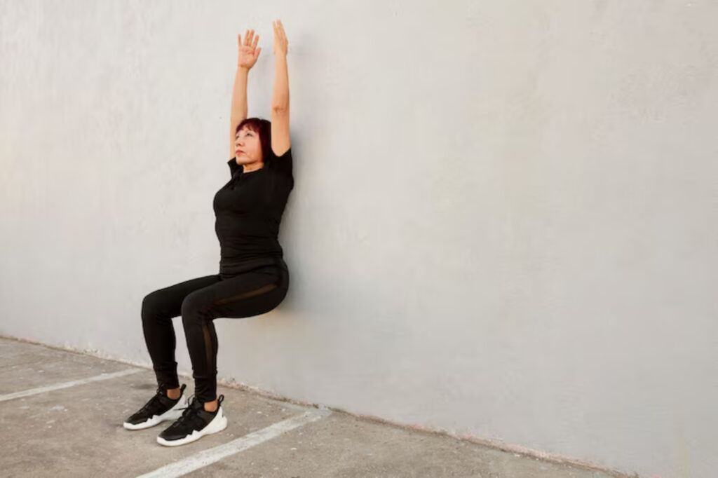 A person in black athletic wear is performing a wall sit against a light-colored wall, arms raised overhead, on a concrete surface.