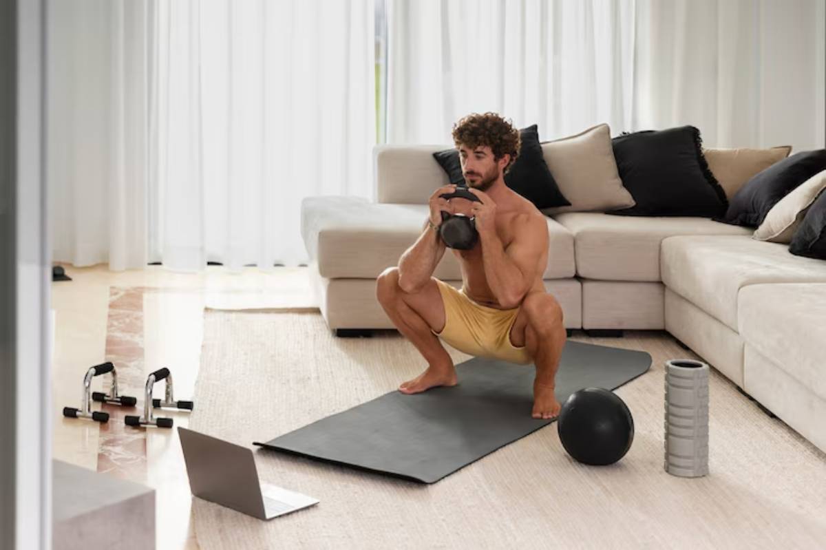 A man performs a squat with a kettlebell on a yoga mat in a modern living room, equipped with fitness equipment and a laptop.