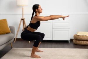 A woman in athletic wear performs a squat in a cozy living room with a sofa, lamp, and woven baskets in the background.